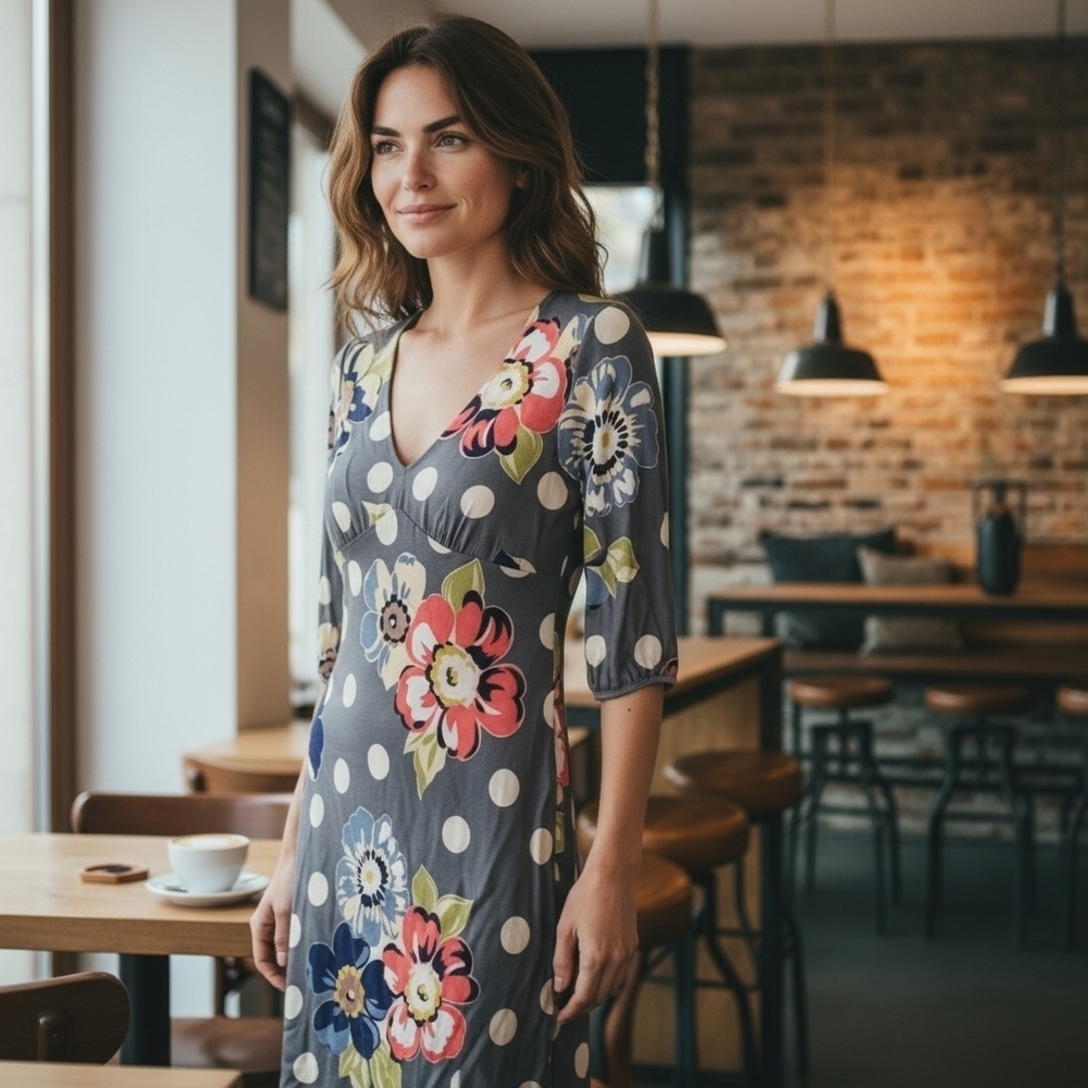 Boden Dress V-Neck Blue Floral Polka Dots - 8L US